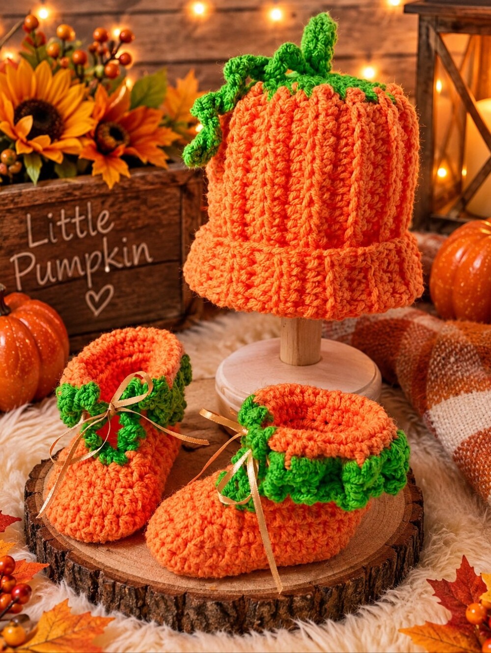 Handmade Crochet Newborn Baby Pumpkin Hat, Booties and Scratch Mittens Photo Pro